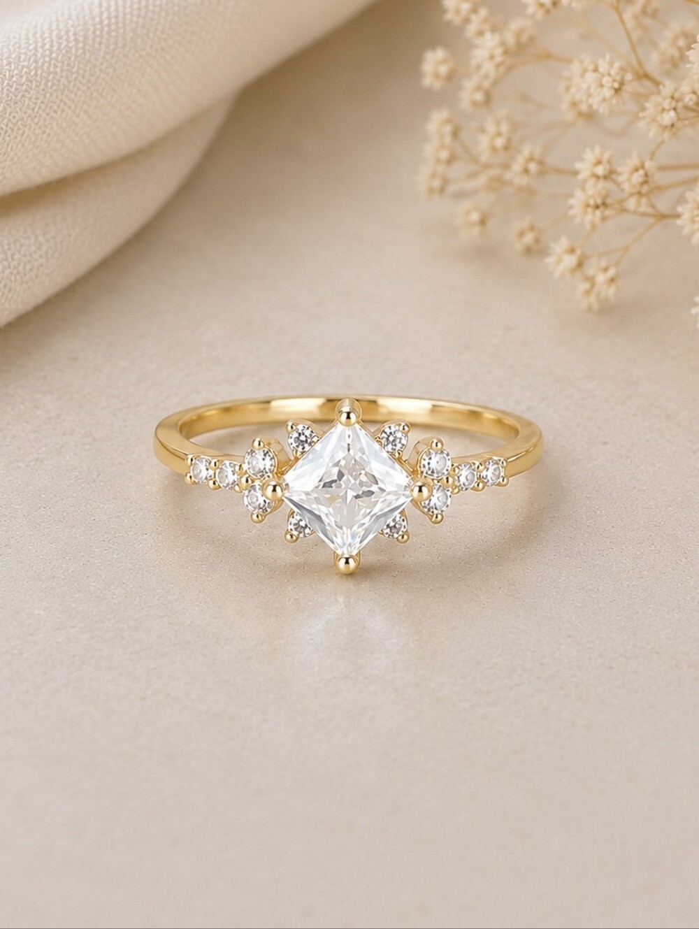 Gold Princess-Cut CZ Ring with Accent Stones